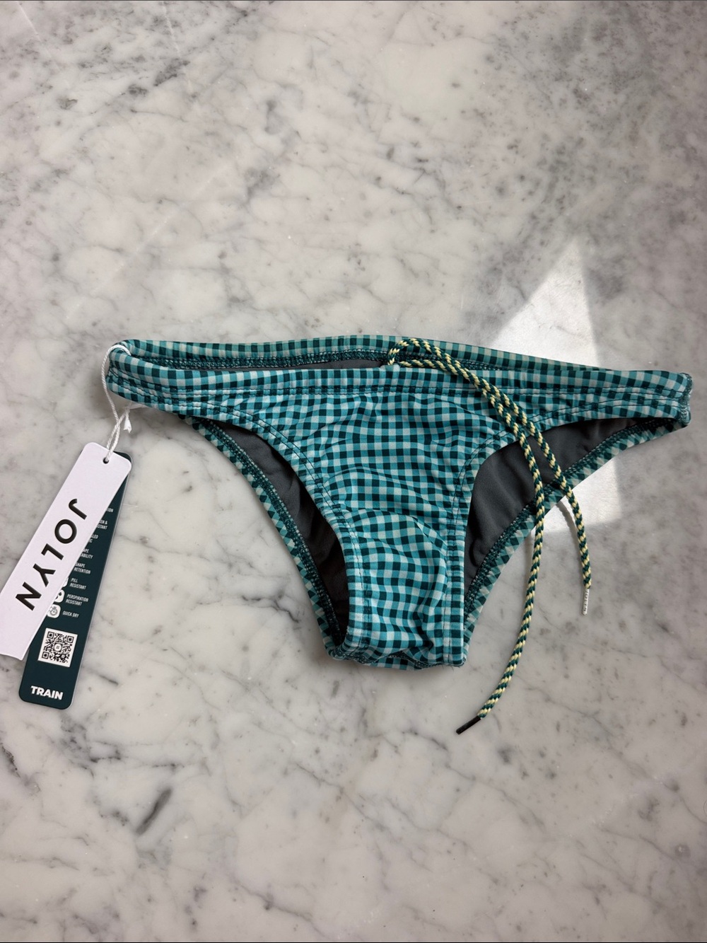 Jolyn Clothing Teal Gingham Bikini Bottom with Contrast Tie